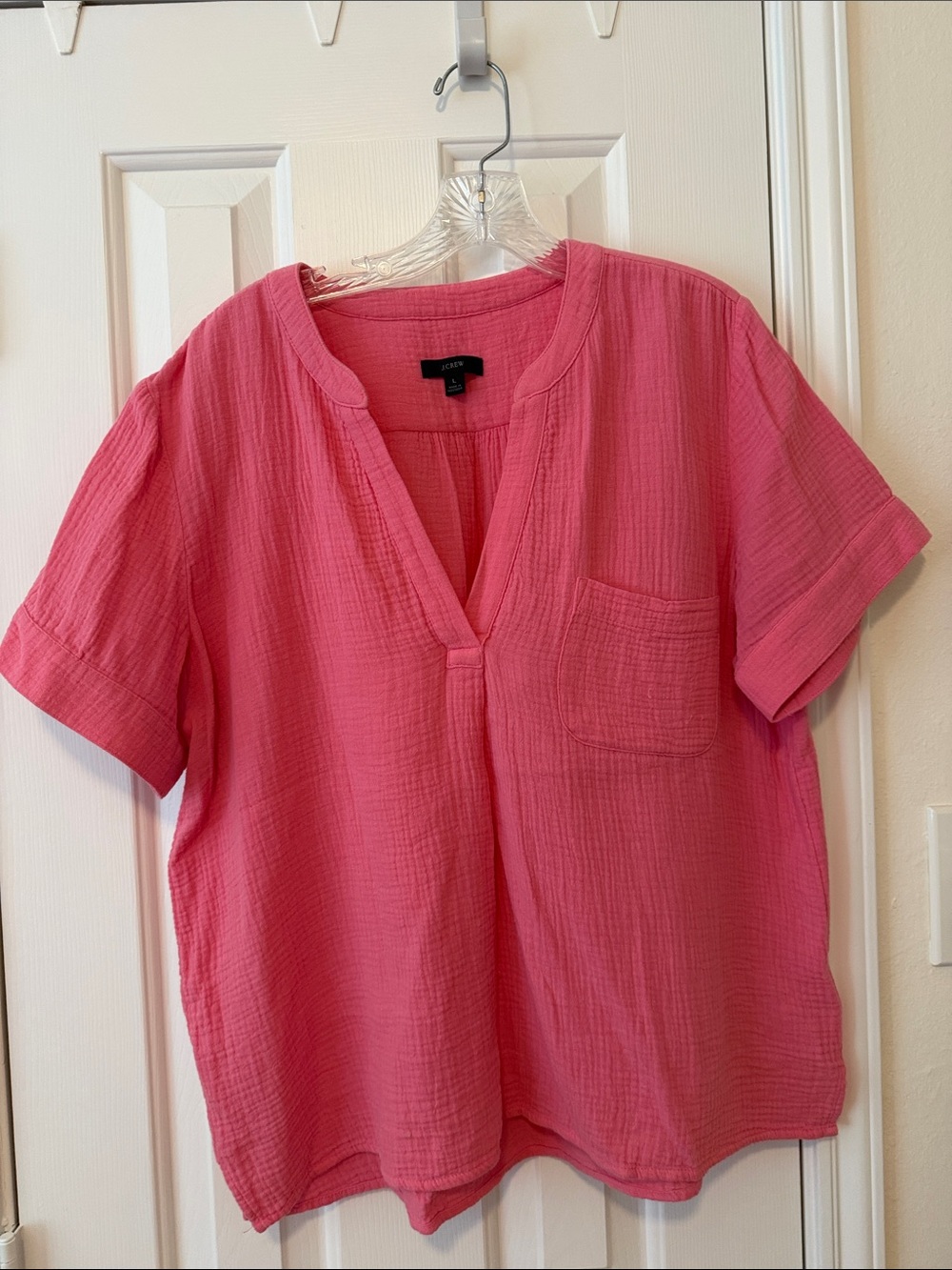 J. Crew Pink Split V-Neck Short Sleeve Pocket Top